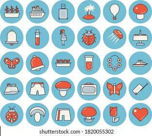 Dünnlinenblaues Symbol-Set - Pilzflachvektor, Ladybird, Tulpe, Setzlinge, Schmetterlinge, Bluttest, Geste, athletische Kurzfilme, Ballon, Gepäck, Koffer, Insel, hawaiianischer Kranz, Yacht