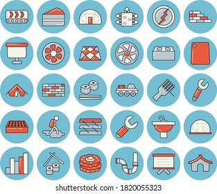 Thin line blue tinted icon set - brick wall flat vector, sink, pipes, flooring, cutting board, spaghetti on a fork, piece of cake, fish rolls, pancakes, greenhouse, ventilation, conveyor, wrench