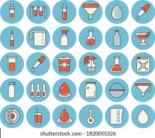 Dünnbläulich getöntes Symbol-Set - Kessel-flacher Vektor, Messbecher, Temperatur, Sauce, Soda, Kaffee, Kaffee, Pulverisierer, Tropfen, Glasflaschen, Trichter, Pipette, Bluttest, Ampulle, Kolben