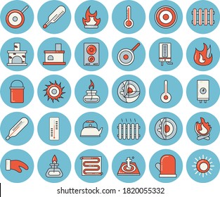 Thin line blue tinted icon set - warm floor flat vector, boiler, hiking pot, teflon, teapot, potholder, fire, induction cooker, temperature, thermometer, bonfire, fireplace, radiator, gas burner