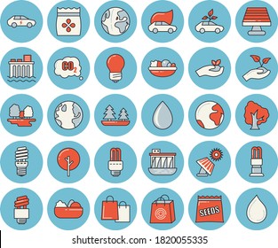 Thin line blue tinted icon set - energy saving lamp flat vector, salad, seeds, tree, seedlings, solar battery, earth, forest, hydroelectric power station, eco cars, electric, carbon dioxide, bags