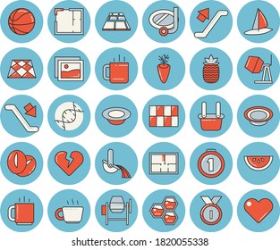 Thin line blue tinted icon set - concrete mixer flat vector, house layout, tile, flooring, watermelon, dish, coffee beans, carrot, tea, pineapple, honeycomb, metallurgy, dna, medal, basketball