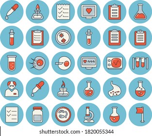 Dünne blaue, getönte Icon-Set - chemische Flavektor, Pipette, Bluttest, Computerdiagnostik für Gesundheit, Zwischenablage, medizinische Analyse, künstliche Befruchtung, Magen, to do list, Kolben, Becher