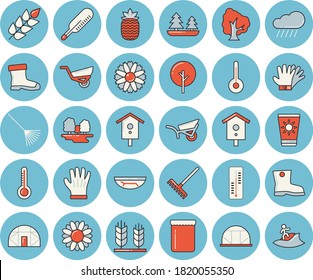 Thin line blue tinted icon set - temperature flat vector, jam, pineapple, thermometer, nesting box, tree, flower, rake, garden wheelbarrow, gumboots, gloves, rain, greenhouse, forest, ear, sea beach
