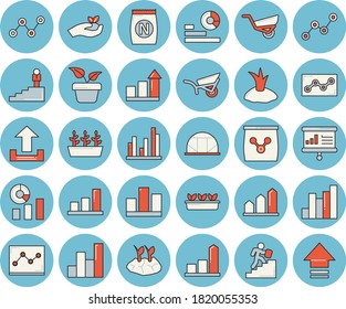 Thin line blue tinted icon set - fertilizer flat vectory, home plant vector, seedlings, planting plants, garden wheelbarrow, greenhouse, chart, statistics, scatter, statistic, point diagram, upload