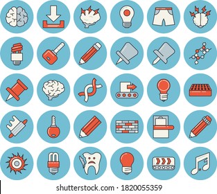 Thin line blue tinted icon set - brick wall flat vector, energy saving lamp, rolling pin, conveyor, DNA, broken tooth, drawing, pencil, bulb, fector, brainstorm, brain, athletic shorts, sun, key