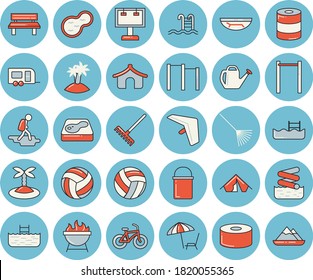 Thin line blue tinted icon set - hiking pot flat vector, barbecue, canned food, rake, watering can, bench, pond, pool, billboard, volleyball, bicycle, parallel bars, trailer, hike, hang glider, tent