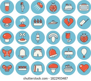 Juego de íconos de tintado azul delgado - champiñón plano, ladybird, tulipán, plántulas, mariposas, análisis de sangre, gestación, pantalones cortos atléticos, globo, equipaje, maleta, isla, cena romántica, yate