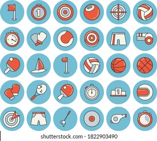 Thin line blue tinted icon set - target flat vector, medal, pedestal, whistle, bowling ball, basketball, volleyball, stopwatch, athletic shorts, sports flag, tennis, boxing gloves, table, golf