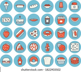 Thin line blue tinted icon set - toaster flat vector, ketchup, cheese, bread, watermelon, spaghetti, hamburger, hot dog, pizza, cupcake, cake, donut, French fries, popcorn, ice cream, cranberry