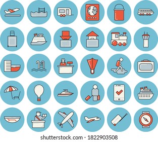 Thin line blue tinted icon set - hiking pot flat vector, pool, aircraft, train, trailer, airport tower, hike, balloon, luggage, suitcase, passport control, check in, hotel first line, departure, get