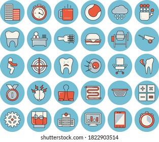 Thin line blue tinted icon set - concrete mixer flat vector, wheelbarrow, skyscraper, warm floor, colander, spaghetti on a fork, hamburger, whiskey, tea, rain, cogwheel, calculator, caries, worker