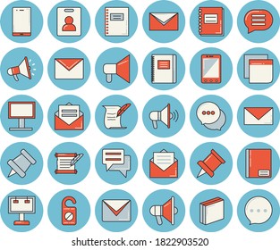 Thin line blue tinted icon set - billboard flat vector, mouthpiece, chat, notebook, sticker, mail, hostory roll, pushpin, indentity card, do not disturb, message, envelope, mobile