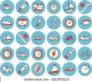 Thin line blue tinted icon set - stopwatch flat vector, rocket, express delivery, sailboat, ambulance, lightning, sneakers, bicycle, run, train, car, bus, escalator, water scooter
