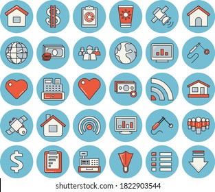 Juego de íconos de tintado azul de línea delgada - vectores planos casa, soldadura, tierra, informe gráfico, efectivo, dólar, equipo, máquina, corazón, gráfico de computadora, satélite, crema de protección solar, aletas, menú, difusión