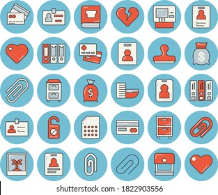 Thin line blue tinted icon set - cookbook flat vector, SIM card, credit, wealth, heart, clip, badge, archive, folders for papers, indentity, hotel first line, cash dispenser, photo, pass, stamp