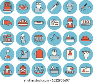 Dünnlinenblaues, getöntes Symbol-Set - Planer-Flavektor, Niveaumesser, Harthut, Potholder, Tankstelle, Tankstelle, Förderer, Bauarbeiter, Schweißer, Bergbau, Arzt, Kopfschmerzen, Teamwork, Badge