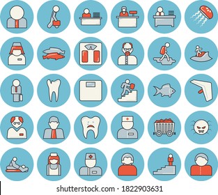 Thin line blue tinted icon set - fish flat vector, mining, person, physician, virus, massage, nurse, caries, office worker, businessman, career ladder, scientist, weighing machine, hike, hang glider
