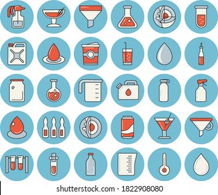 Dünnbläulich getöntes Symbol-Set - Messbecher mit flachem Vektor, Temperatur, Soße, Soße, Limonade, Cocktail, Limonade, Kaffee, Kaffee, Pulverizer, Tropfen, Glasflaschen, Trichter, Bluttest, Ampulle, Kolben