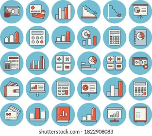 Thin line blue tinted icon set - calculator flat vector, crisis, chart, cash, credit card, purse, statistics, book balance accounting, statistic, presentaition board, achievement, safe