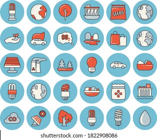 Leuchtend blauer, getönter Icon-Set - Energiesparlampe, Flachvektor, Salat, Samen, Baum, Samen, Sonnenenergie, Erde, Wald, Wasserkraftwerk, Öko-Autos, Elektroautos, Kohlendioxid, Taschen