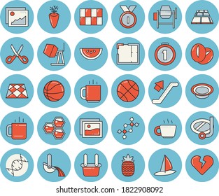 Thin line blue tinted icon set - concrete mixer flat vector, house layout, tile, flooring, scissors, watermelon, dish, coffee beans, carrot, tea, pineapple, honeycomb, metallurgy, dna, medal, heart