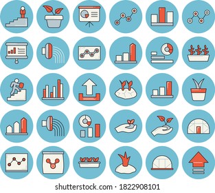 Thin line blue tinted icon set - home plant flat vector, seedlings, planting plants, hose irrigation, greenhouse, fertilizer vectory, chart, statistics, scatter, statistic, point diagram, upload