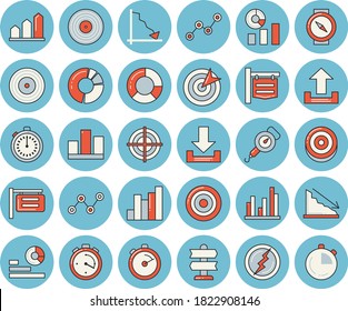 Thin line blue tinted icon set - spring balance flat vector, stopwatch, signboard, crisis, chart, statistics, scatter, statistic, clircle diagram, target, lightning, achievement, pointer, compass