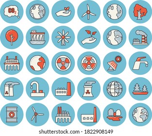 Dünnlinenblaues, getöntes Icon-Set - Flachvektor, Baum, Setzlinge, Solarbatterie, Windmühle, Erde, Fabrik, Öltanks, Wald, Wasserkraftwerk, Fabrik, Pflanzen, Strahlung, Kernkraft