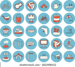 Juego de íconos de tono azul delgado - cacerola de senderismo vector plano, barbacoa, comida enlatada, lata de agua, carretilla de jardín, estanque, piscina, cartelera, voleibol, bicicleta, barras paralelas, remolque, caminata, carpa