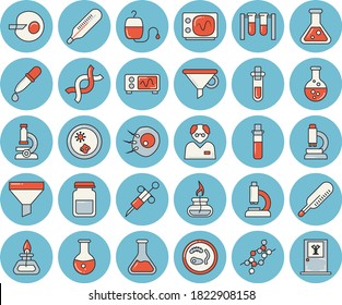 Juego de íconos tintados de color azul delgado - química vector plano, embudo, transfusión de sangre, termómetro, pipeta, prueba, jeringa, microscopio, análisis médico, ADN, inseminación artificial, matraz, quemador de gas