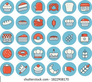 Thin line blue tinted icon set - cake flat vector, cook hat, potholder, rolling pin, toaster, flour, ear, pancakes, bagel, croissant, bread, cupcake, piece of, donut, pie, biscuit, store front