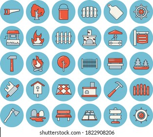 Thin line blue tinted icon set - fence flat vector, flooring, ax, hammer, hiking pot, rolling pin, cutting board, well, nesting box, tree, saw, bonfire, bench, fireplace, forest, signboard, pointer