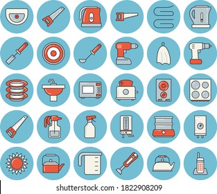 Thin line blue tinted icon set - drill screwdriver flat vector, saw, sink, boiler, meashuring cup, teapot, electric kettle, ladle, kitchen spatula, towel, stove, induction cooker, gas, microwave