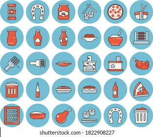 Thin line blue tinted icon set - jugful flat vector, spaghetti, ketchup, sauce, on a fork, pizza, porridge, pie, chicken, fish rolls, sashimi, jam, mustard, horseshoe, fireplace, abacus, trash can