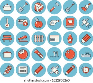 Thin line blue tinted icon set - paint brush flat vector, stationery knife, saucepan, meat hammer, cookbook, temperature, ketchup, plum, shovel, bench, radiator, barcode, pencil, stapler, satellit