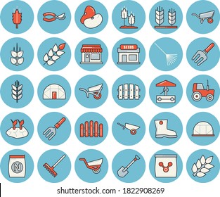Thin line blue tinted icon set - wheelbarrow flat vector, legumes, ear, fertilizer vectory, well, grain warehouse, tractor, pitchfork, shovel, fence, secateurs, rake, planting plants, garden, spike