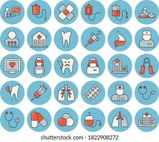 Juego de íconos de color azul claro - envasado de píldoras vector plano, calentador médico, transfusión de sangre, jeringa, diagnóstico informático de salud, hospital, médico, estetoscopio, masaje, parche, enfermera