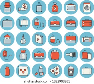 Thin line blue tinted icon set - tool bag flat vector, flour, groats, spaghetti on a fork, popcorn, fertilizer vectory, case, investments, wealth, bags, medical warmer, blood transfusion, briefcase
