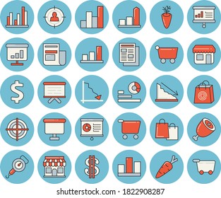 Thin line blue tinted icon set - spring balance flat vector, ham, carrot, store front, grocery trolley, target audience, crisis, chart, dollar, statistics, flipchart, bags, news, statistic