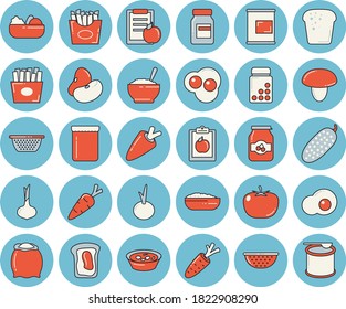 Thin line blue tinted icon set - colander flat vector, flour, mushroom, tomato, legumes, onion, carrot, bread, salad, soup, porridge, cucumber, French fries, scrambled eggs, jam, sandwich, diet