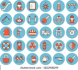 Thin line blue tinted icon set - builder flat vector, door lock, hard hat, barrier, potholder, gloves, radiation, laser, welding, lighthouse, ambulance, helicopter, VIP area, escalator, control gate
