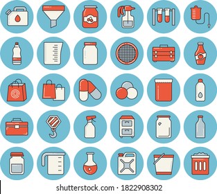 Thin line blue tinted icon set - hook flat vector, tool bag, meashuring cup, glass jar, sieve, jam, ketchup, pulverizer, bucketful, canister, bottles, funnel, bags, medical warmer, analysis, archive