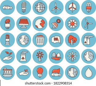 Thin line blue tinted icon set - energy saving lamp flat vector, windmill, tree, flower, seedlings, solar battery, earth, forest, hydroelectric power station, eco cars, electric, carbon dioxide