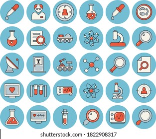 Thin line blue tinted icon set - satellite antenna flat vector, magnifier, target audience, pipette, computer diagnostics of health, microscope, medical analysis, flask, molecule, atom, oscilloscope