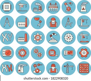 Dünne, blaue, getönte Ikonenset - Kranflavektor, Bauer, Zahnradhersteller, Maßband, Fabrik, Manufaktur, Bauarbeiter, Hauptplatine, Robotik, Trenner, Chromosomen, Roboterhand