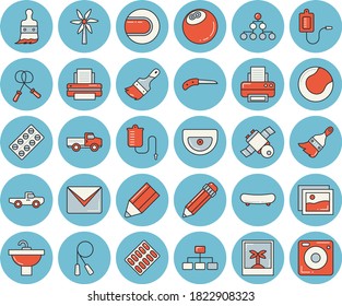 Thin line blue tinted icon set - paint brush flat vector, sink, windmill, pickup truck, knife, pill packaging, medical warmer, printer, pencil, mail, satellit, classification, bowling ball, tennis