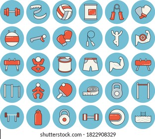 Juego de íconos de tintado azul de línea delgada - vectores planos de campano dumbal, barbell, peso, voleibol, centímetro, músculos, cuerda de salto, expansor carpal, barras paralelas, caballo de equipo deportivo, pera, pantalones cortos atléticos