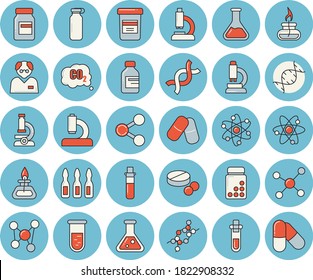 Dünnbläulich getöntes Symbol-Set - chemische Flavektor, Kohlendioxid, Moleküle, Pillen, Durchstechflasche, Bluttest, Mikroskop, Ampulle, DNA, Kolben, Molekül, Atom, Gasbrenner, Wissenschaftler, Becher, Vitamine