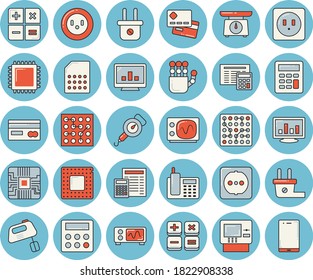 Thin line blue tinted icon set - sockets flat vector, calculator, weighing machine, spring balance, mixer, socket, plug, motherboard, SIM card, credit, computer chart, telephone, robot hand, cpu